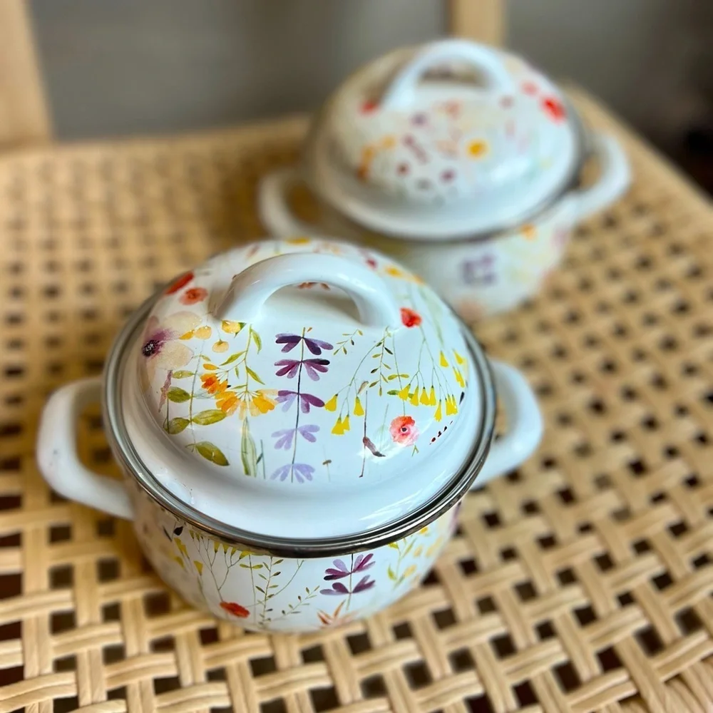 Set of 2 Crofton Enamel Floral Mini Pots – 1 Qt Each, Vintage-Inspired Aldi